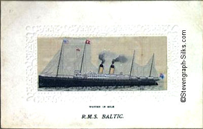 Ocean liner at anchor, with two funnels and four masts.