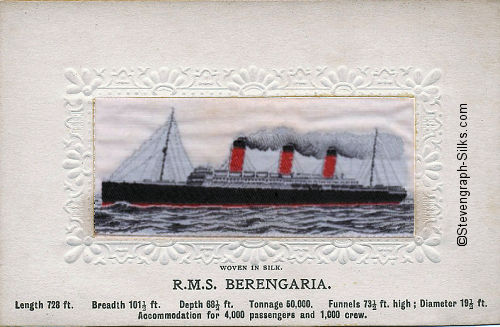 Large ocean liner with three red funnels
