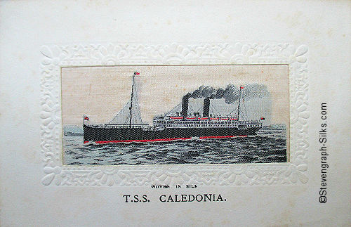 Ocean liner steaming left, with two funnels and two masts
