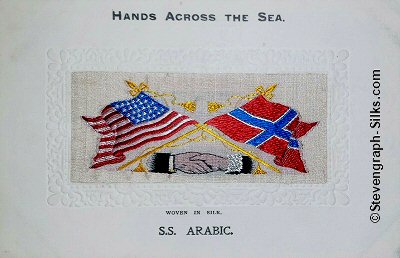 image of shaking hands, flags and tassles