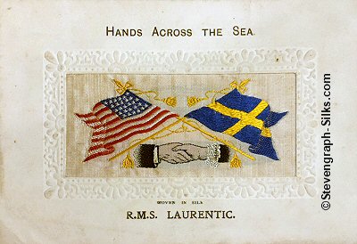 Hands Across The Sea silk postcard with clasped hands, flags and tassles