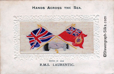 Hands Across The Sea silk postcard with clasped hands, flags and tassles