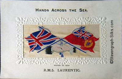 Hands Across The Sea silk postcard with clasped hands, flags and tassles