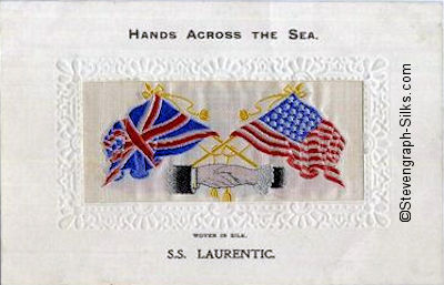 Hands Across The Sea silk postcard with clasped hands, flags and tassles