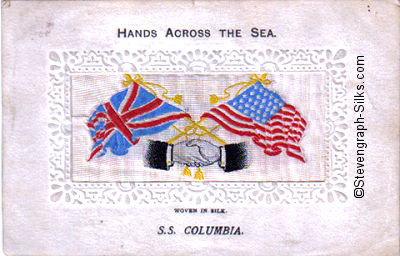 image of shaking hands, flags and tassles