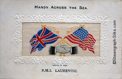 Hands Across The Sea silk postcard with clasped hands, flags and tassles