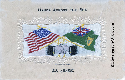 Hands Across the Sea postcard, with scalloped embossing round silk